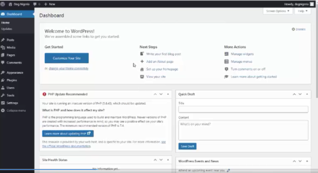 WordPress Platform Dashboard Area